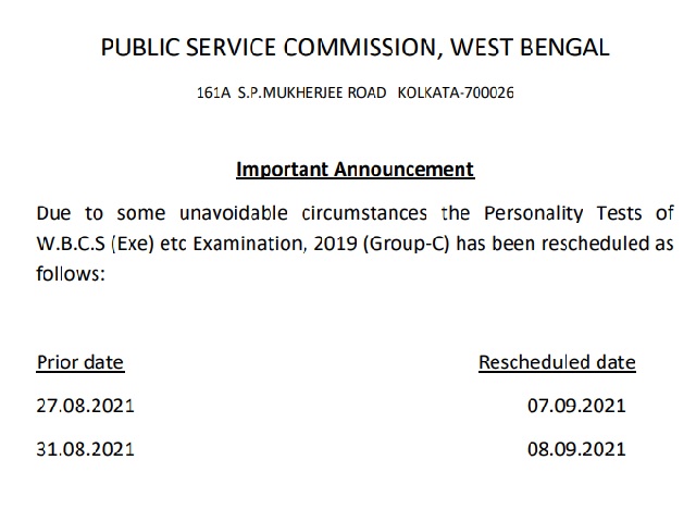 WBPSC Personality Test 2019-21 for W.B.C.S (Exe) Group C Rescheduled @wbpsc.gov.in, Check Details 